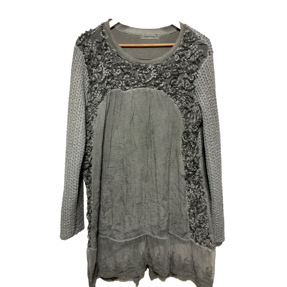 Simply Couture Tunic Top Womens L Gray Lace Hem Boho Shabby Chic Lagenlook